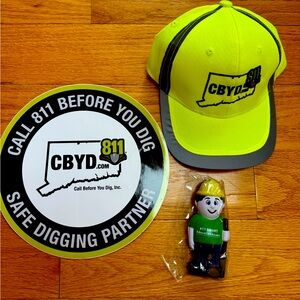 CBYD. Com 811 Hat and Toy Set - Neon Yellow with a sticker and fun toy.